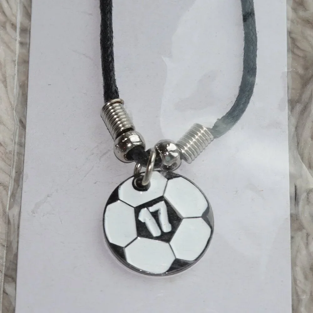 Soccer Player Necklace Personalized #17 Soccer Ball Black Rope, NWT